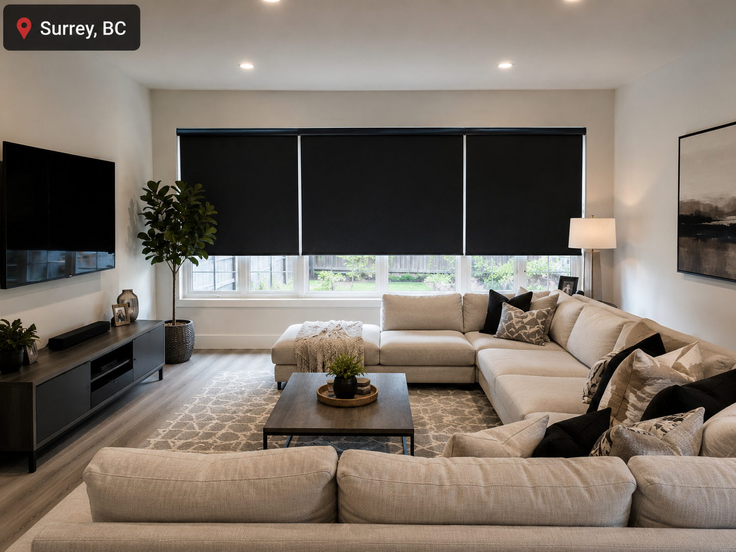 Blackout blinds Surrey BC living room